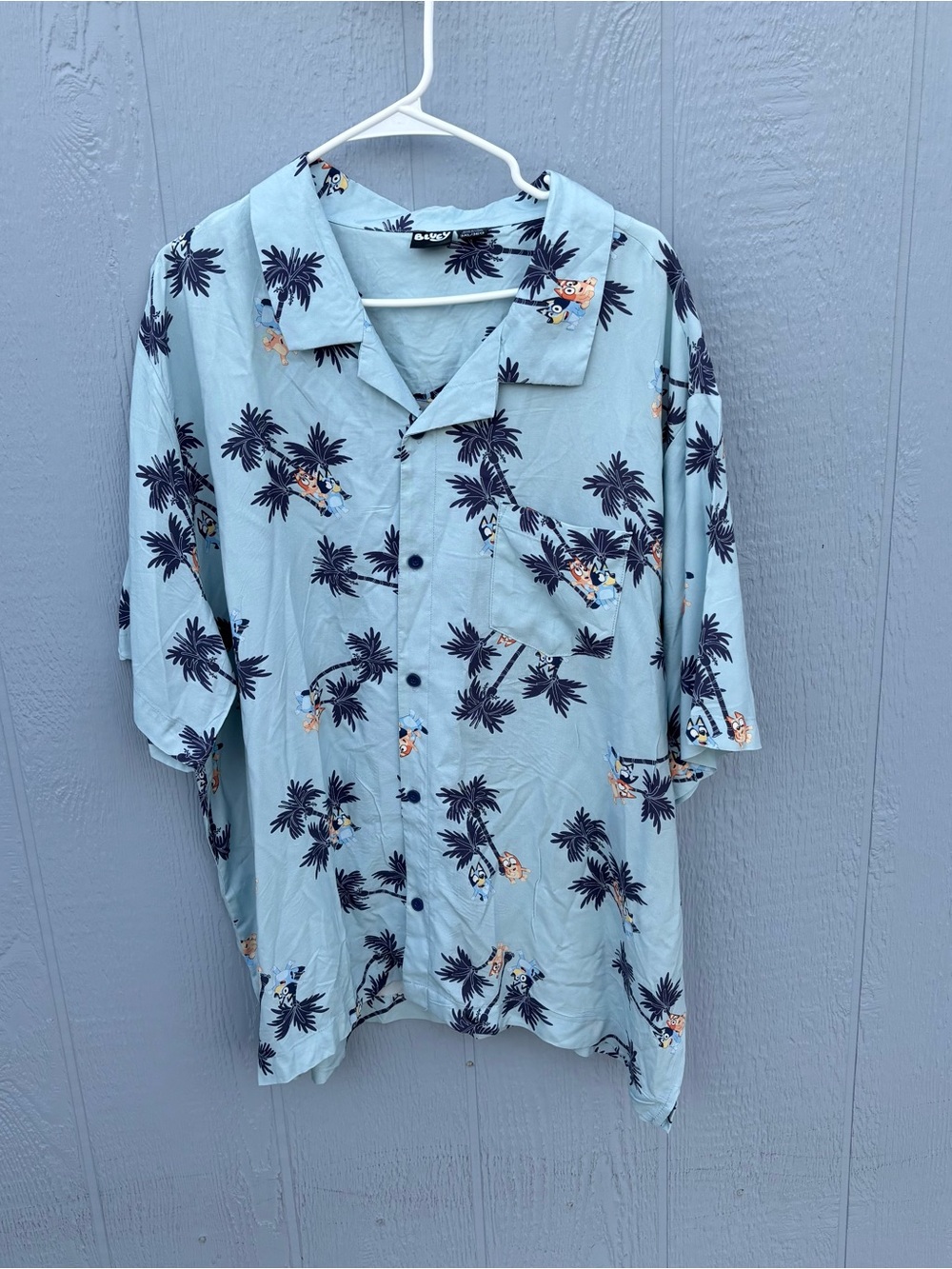 Light Blue Bluey Hawaiian Palm Print button up Camp Shirt